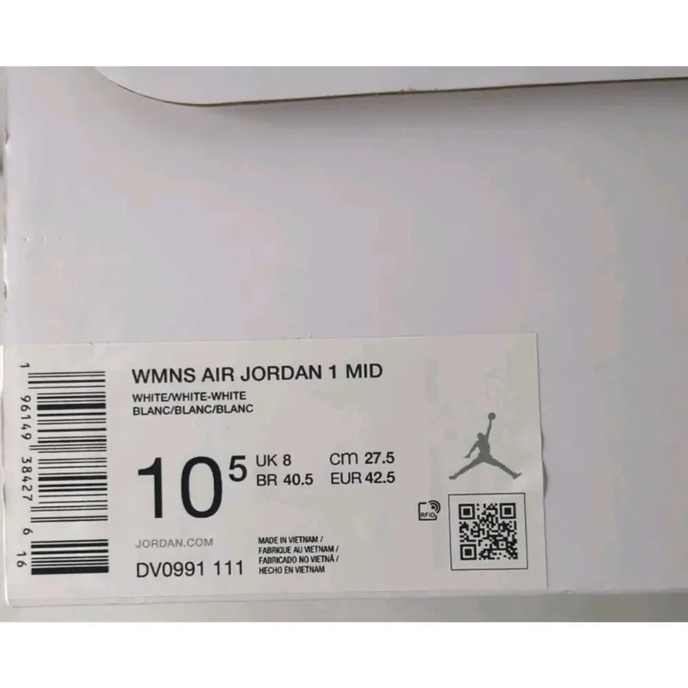 Nike WOMEN Air Jordan 1 Mid Triple White Women White Leather‎ Size 10.5